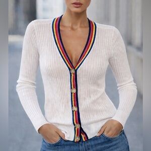 LOFT Rainbow Trim Ribbed Cardigan – Size M(1210)